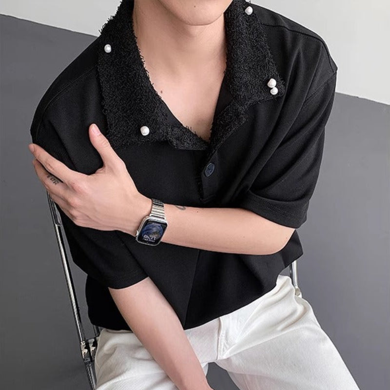 Fake Fur Collar Pearl PatchShort Sleeve Polo Shirt