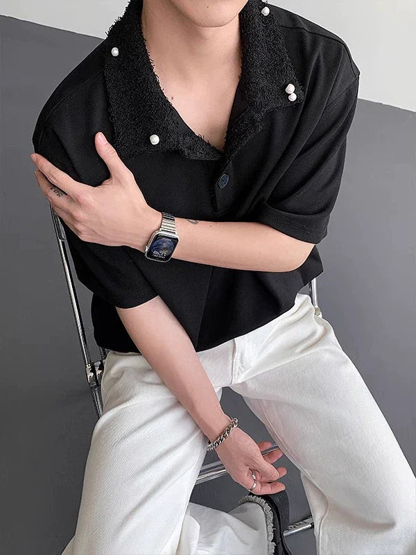 Fake Fur Collar Pearl PatchShort Sleeve Polo Shirt