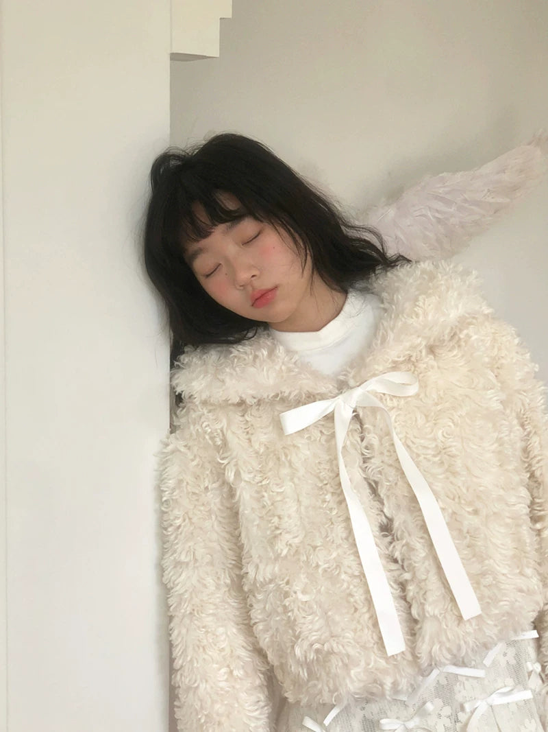 Fake Fur Bow Tie Plush Jacket