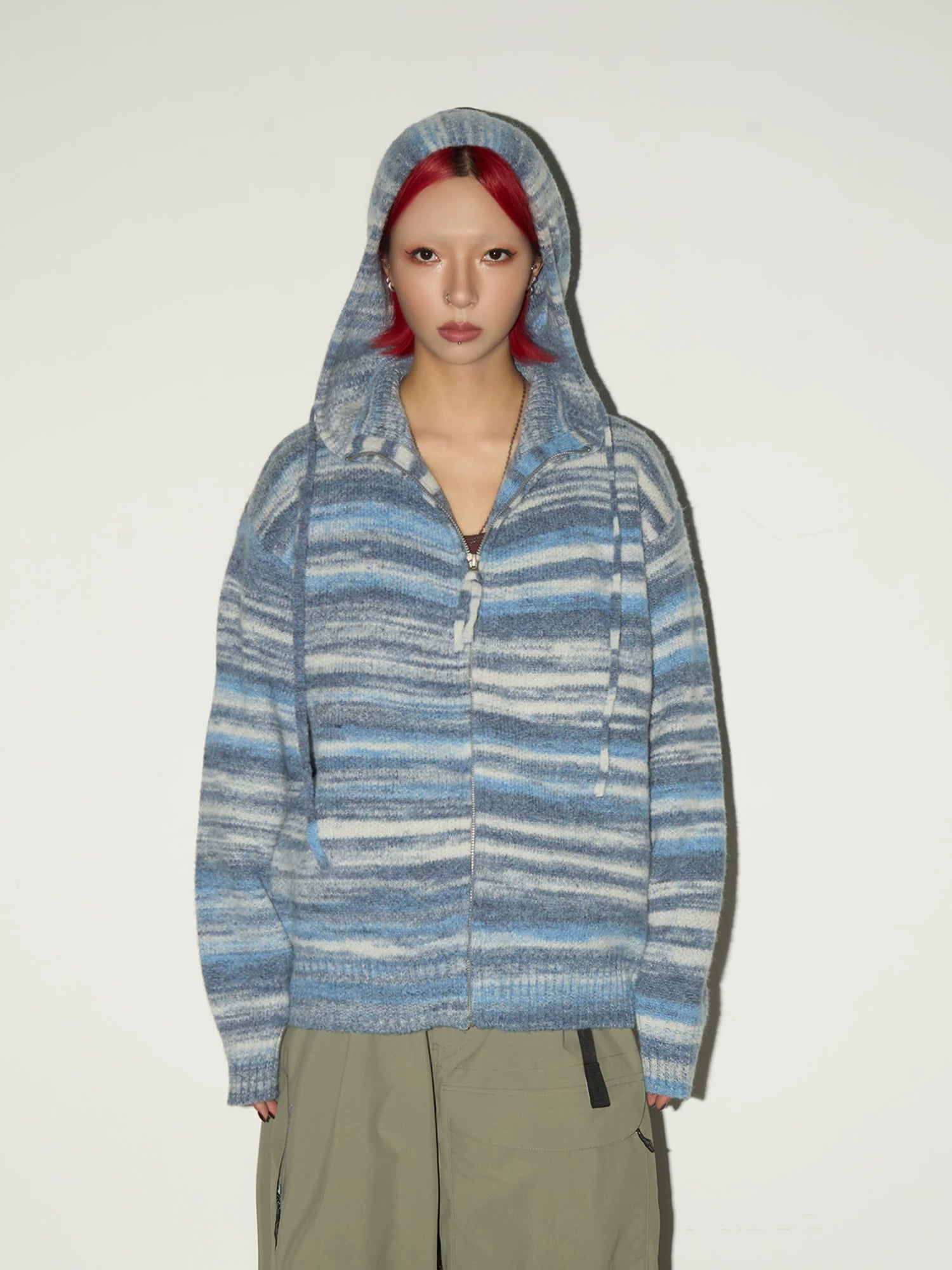 Stripe Hooded Zipper Knit Cardigan