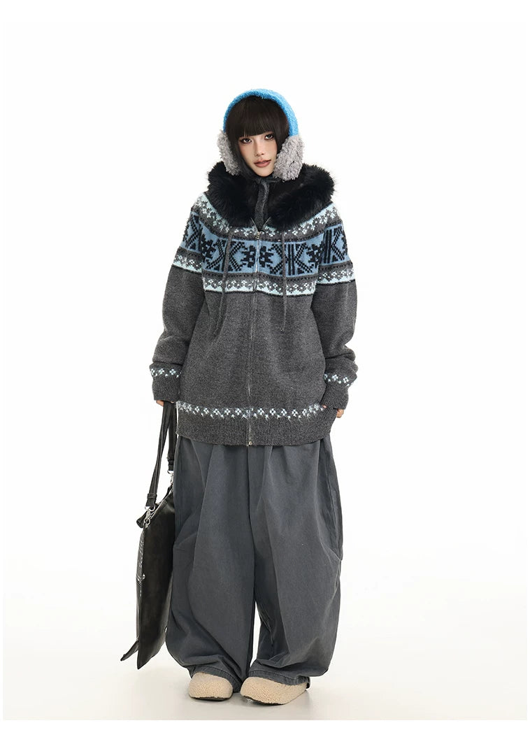 Fur Collar Fair Isle Hooded Knit Cardigan