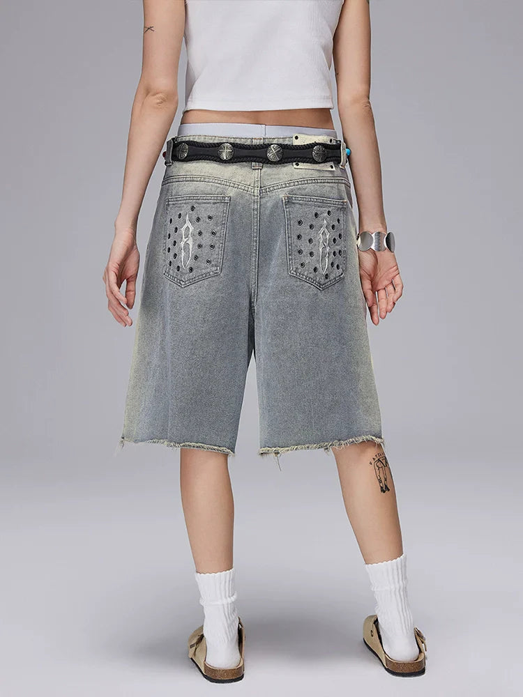 Panel Perforated Wash Straight Denim Short