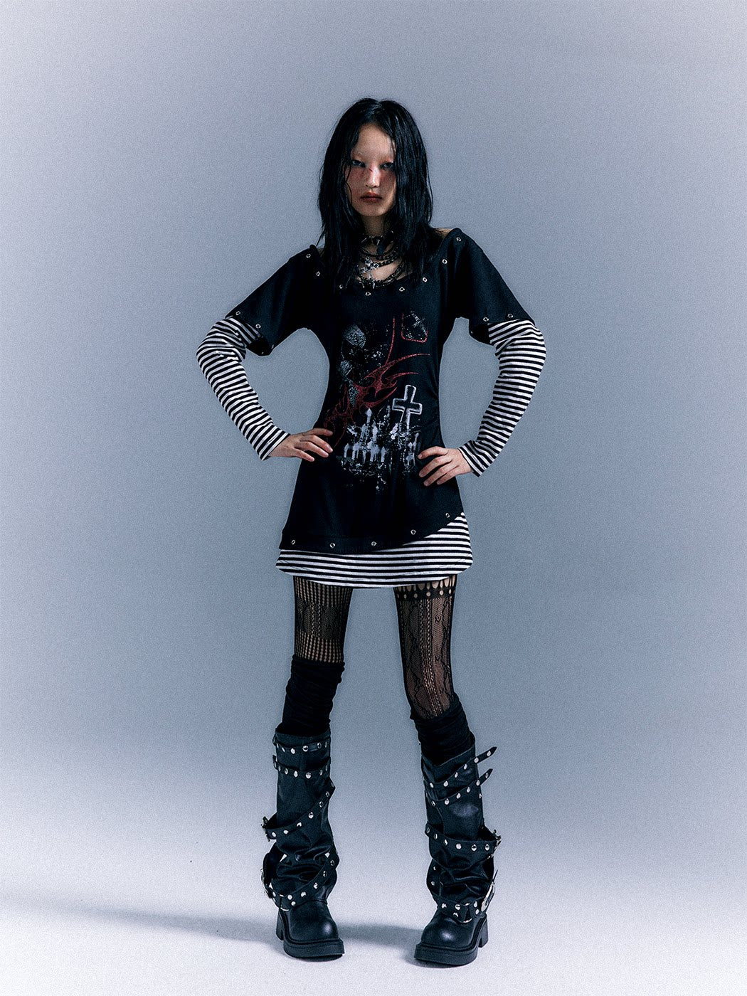 Light Punk Stripe Long Sleeve Graphic Waist-Cinching T-Shirt Dress