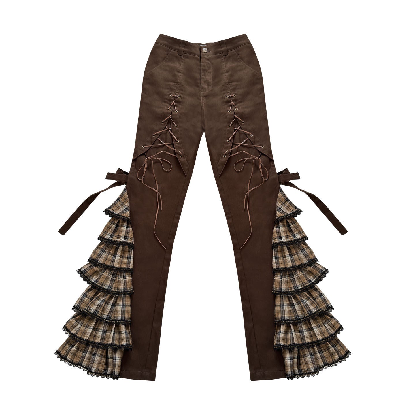 Plaid Lace-Up Ruffle Slimming Pants