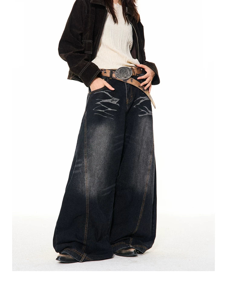 Washed Scratch Detail Wide Leg Denim Jeans