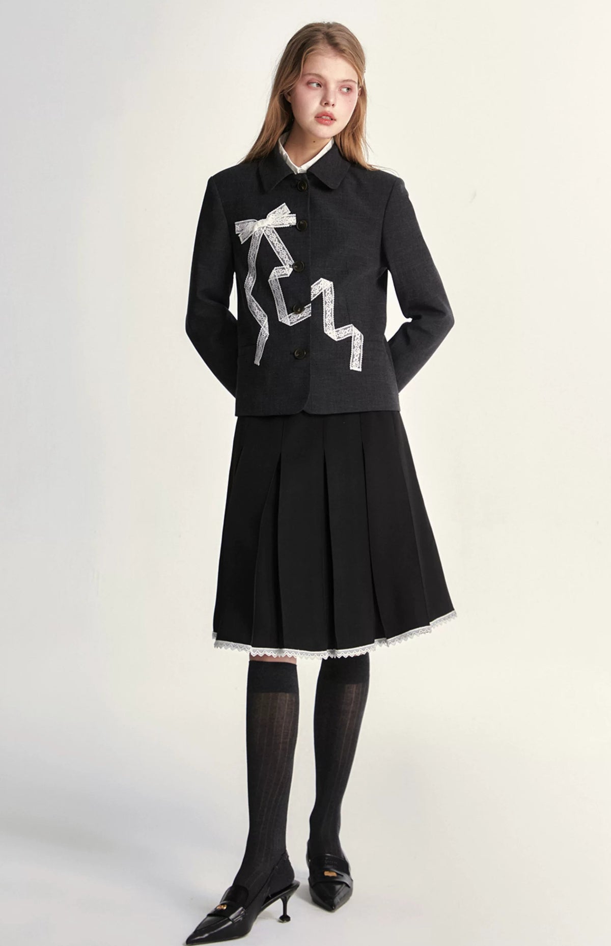 Lace Bow Blazer Jacket & Skirt Setup