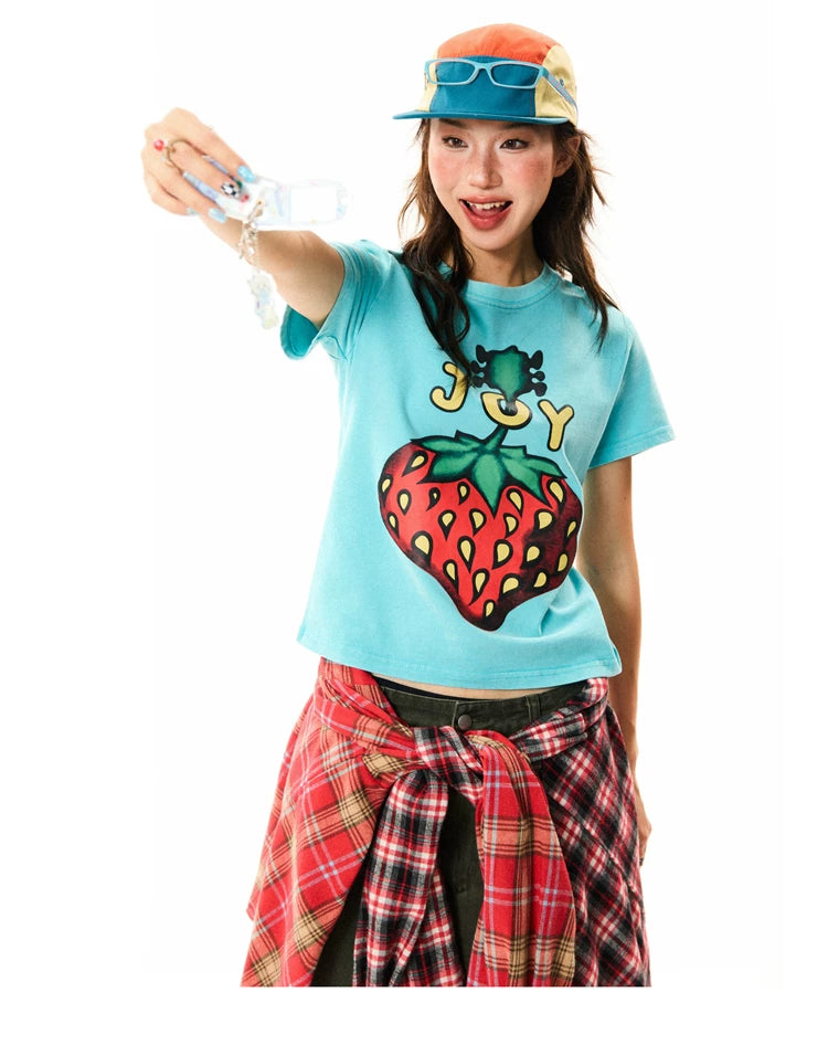 Strawberry Print Cropped Short Sleeve T-Shirt
