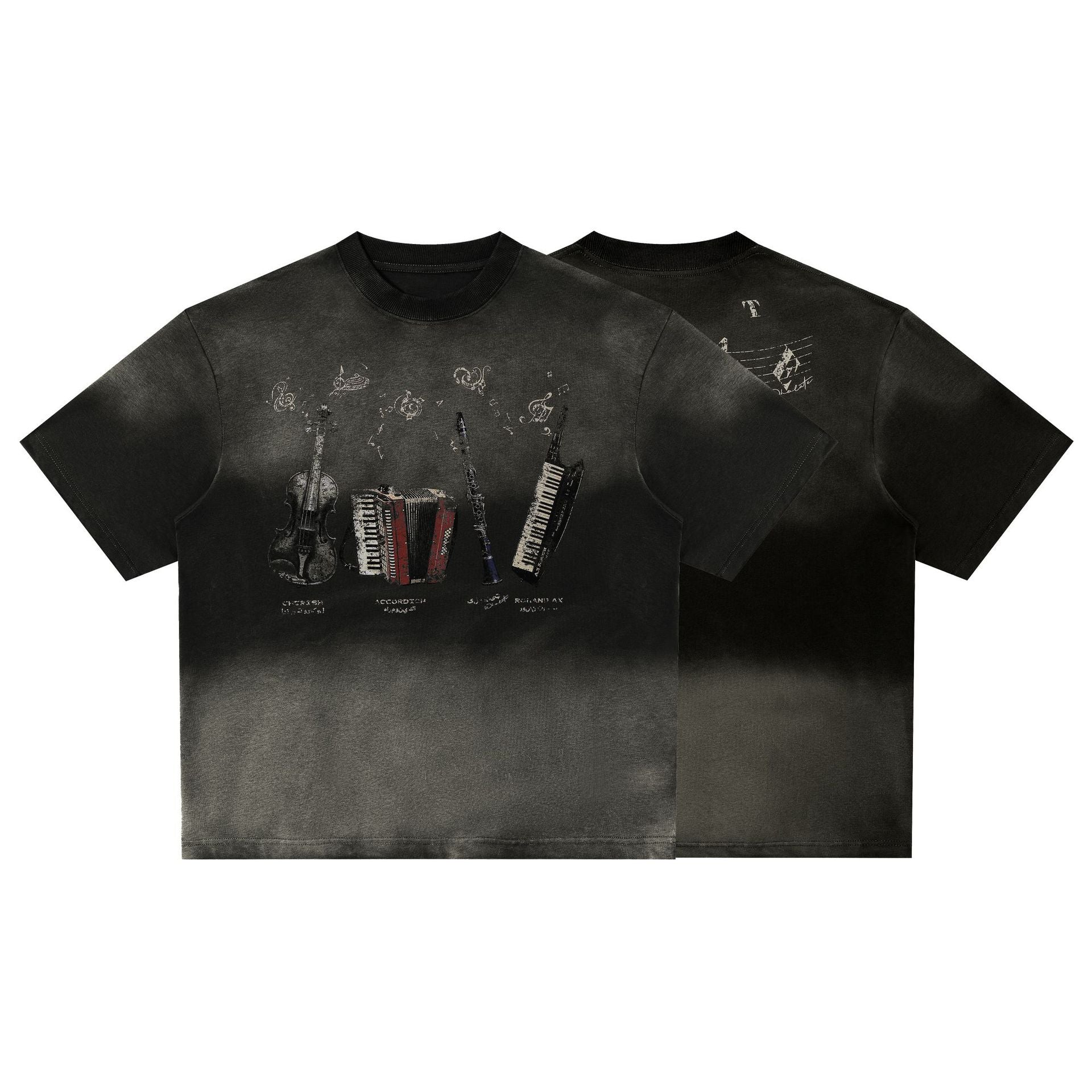 Instrument Print Washed Short Sleeve T-Shirt