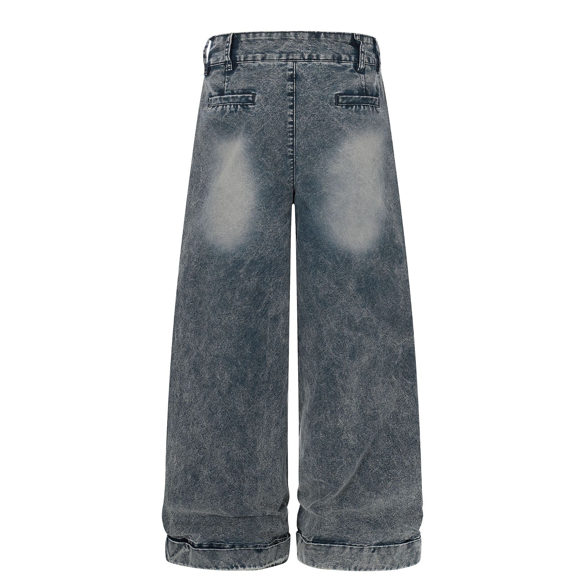 Washed Damage Wide Leg Curved Denim Jeans