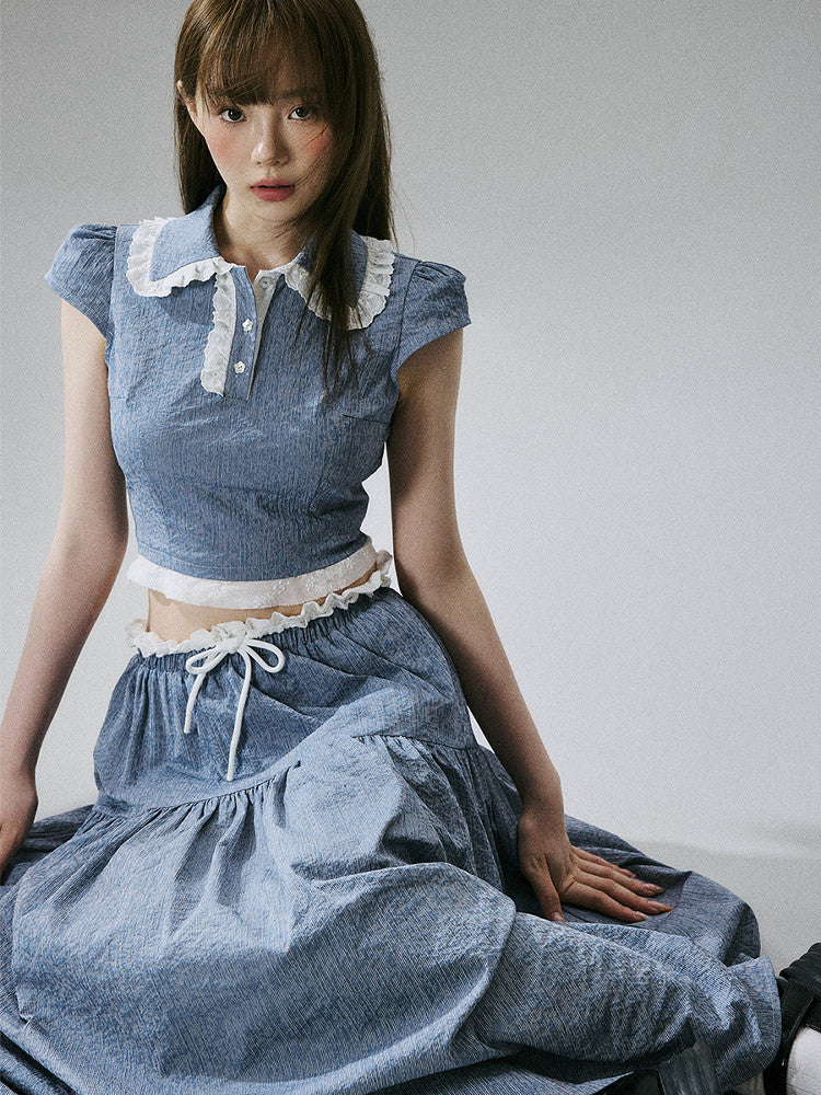 Lace-Trim Short Sleeve Shirt & Drawstring Skirt Setup