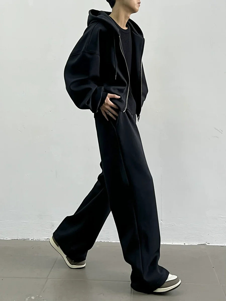 Oversize Short Zipper Hoodie & Wide-leg Straight Sweatpants Setup