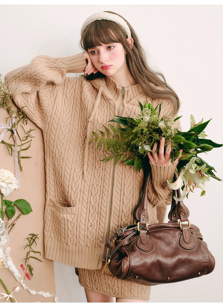 Bunny Hare Ear Hooded Zipper Knit Cardigan & Knit Skirt Setup