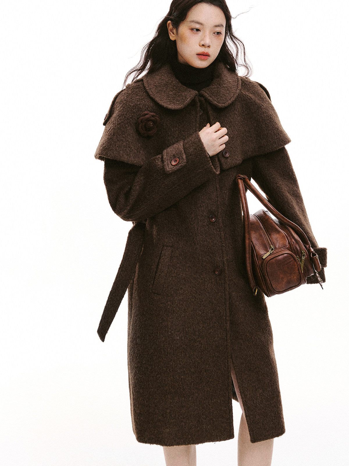 Cape Collar & Flower Detail Belted Coat
