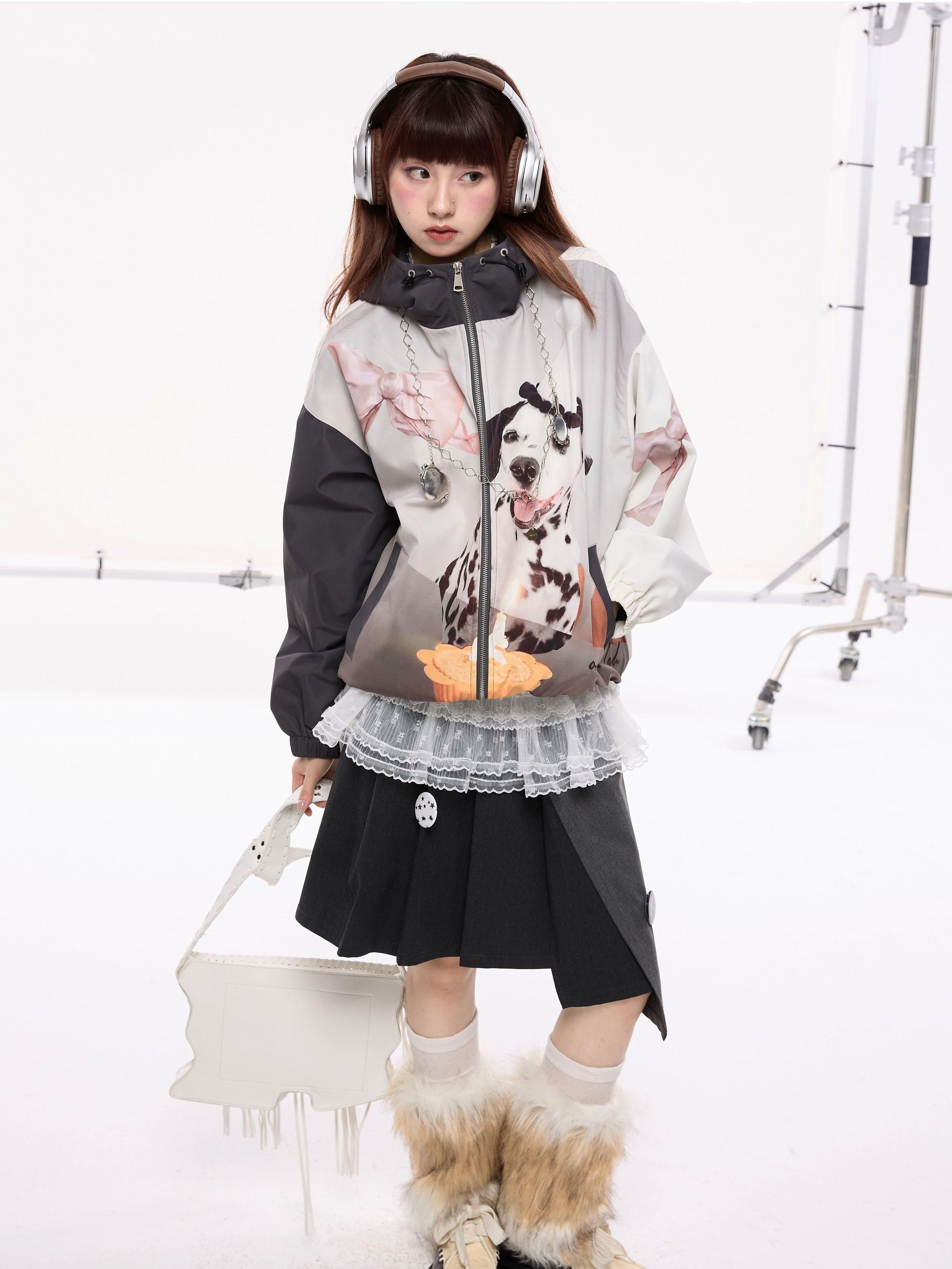 Dalmatian Print Contrast Patchwork Hooded Zipper Jacket