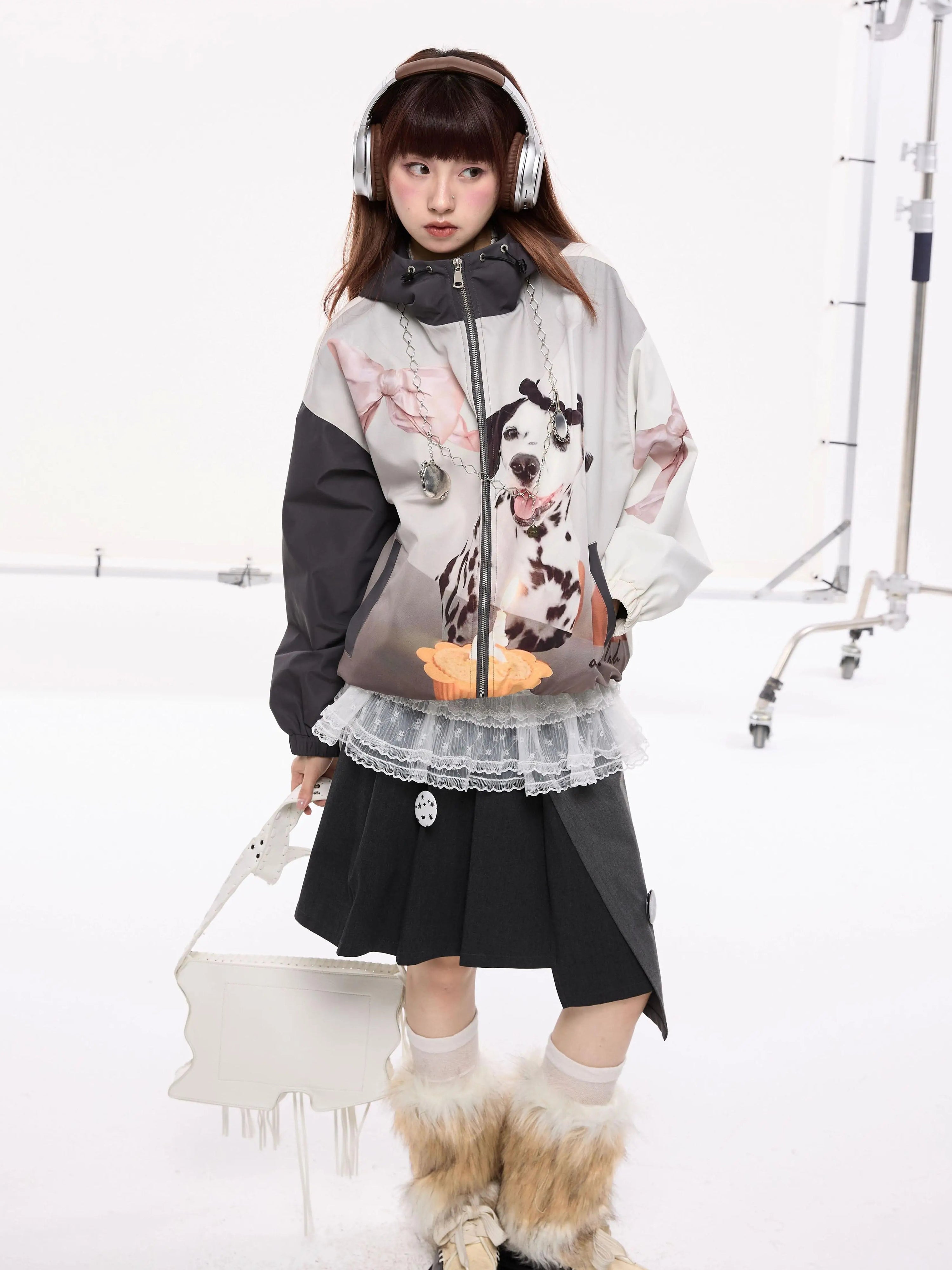 Dalmatian Print Contrast Patchwork Hooded Zipper Jacket