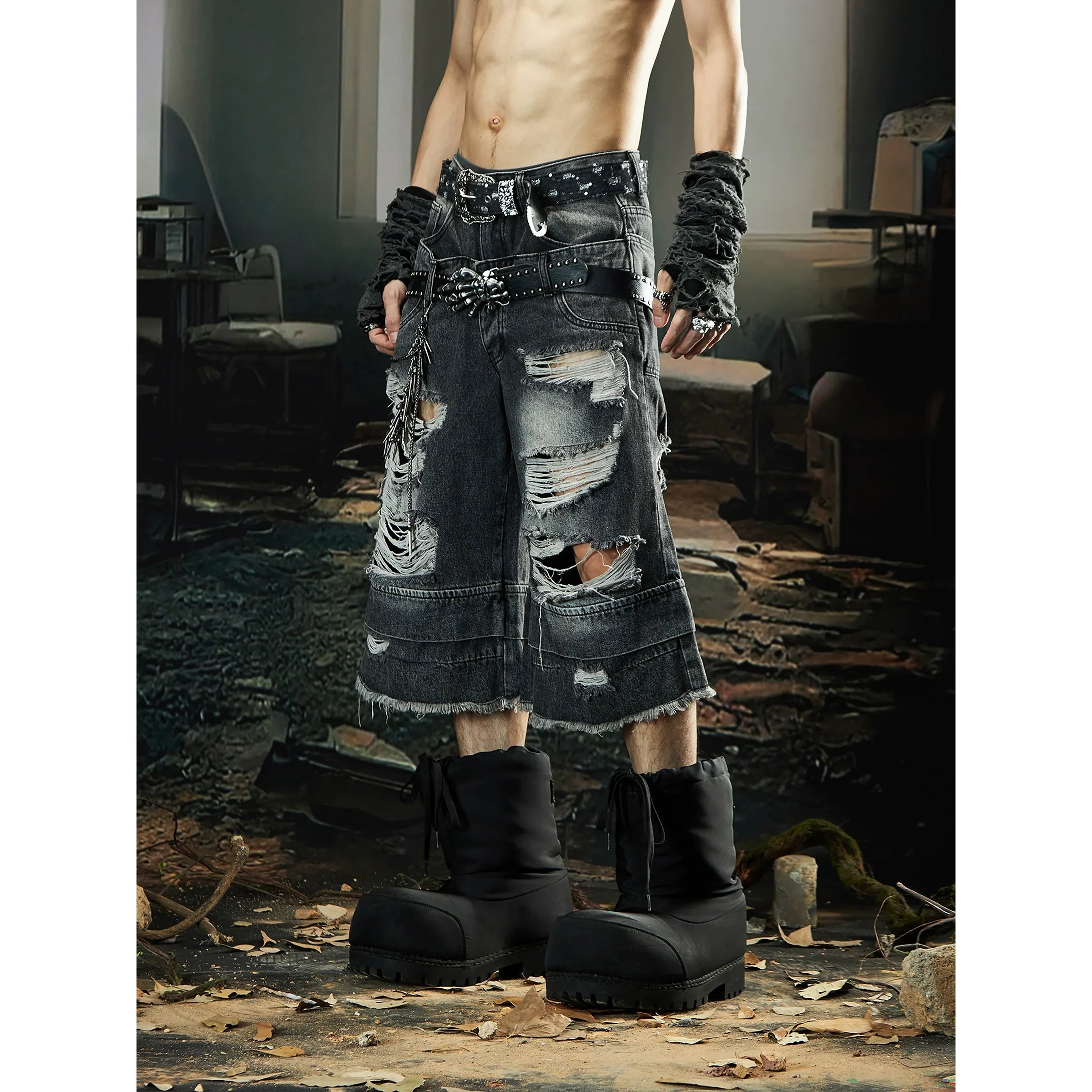 Double Waistband Ripped Washed Wide Leg Short