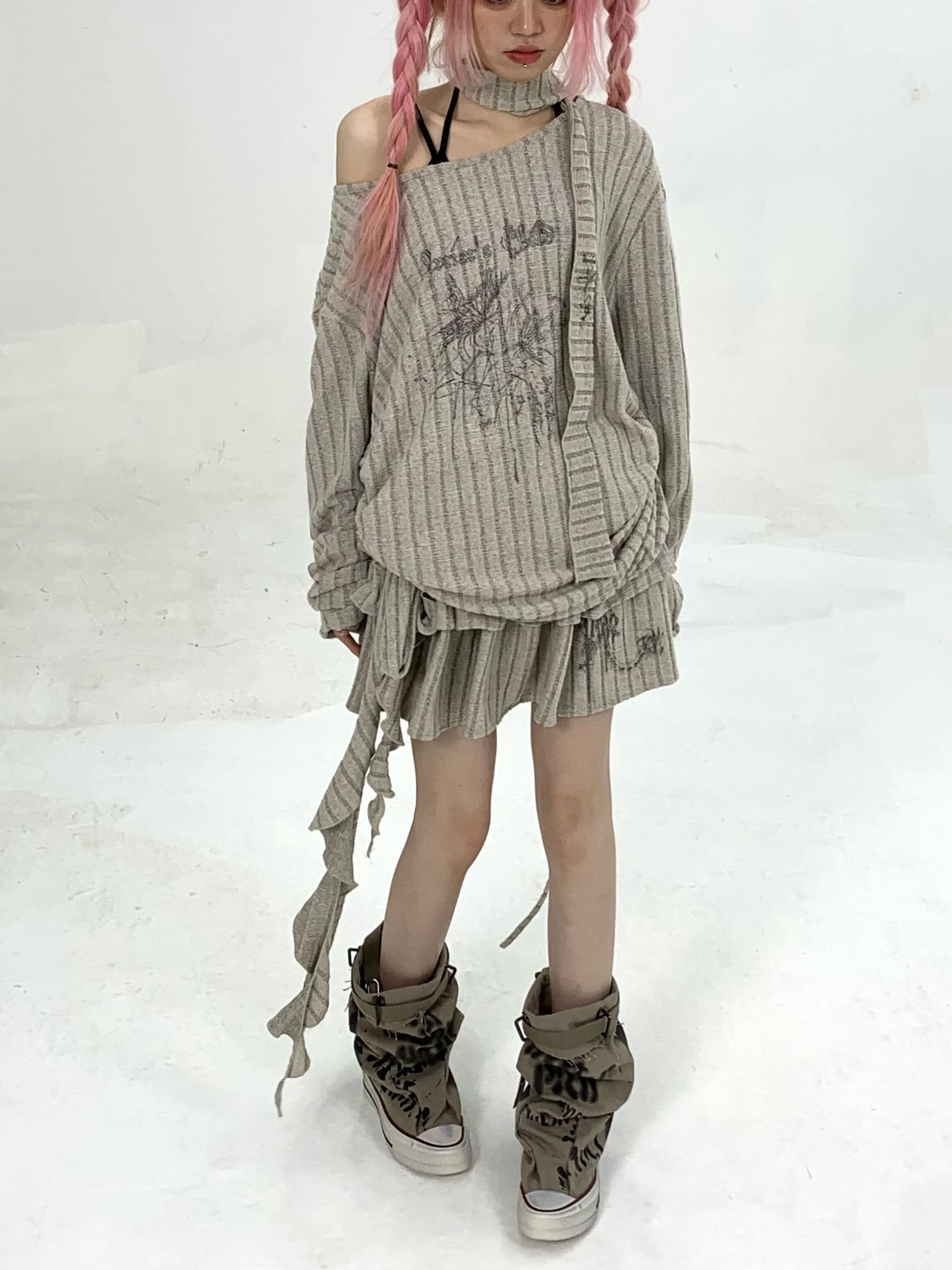 Ribbed Letter Print Strap Detail Oversize Knit Sweater