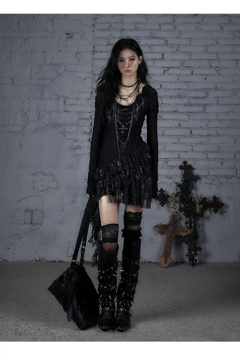 Lace Hooded Asymmetric Ruffle Dress