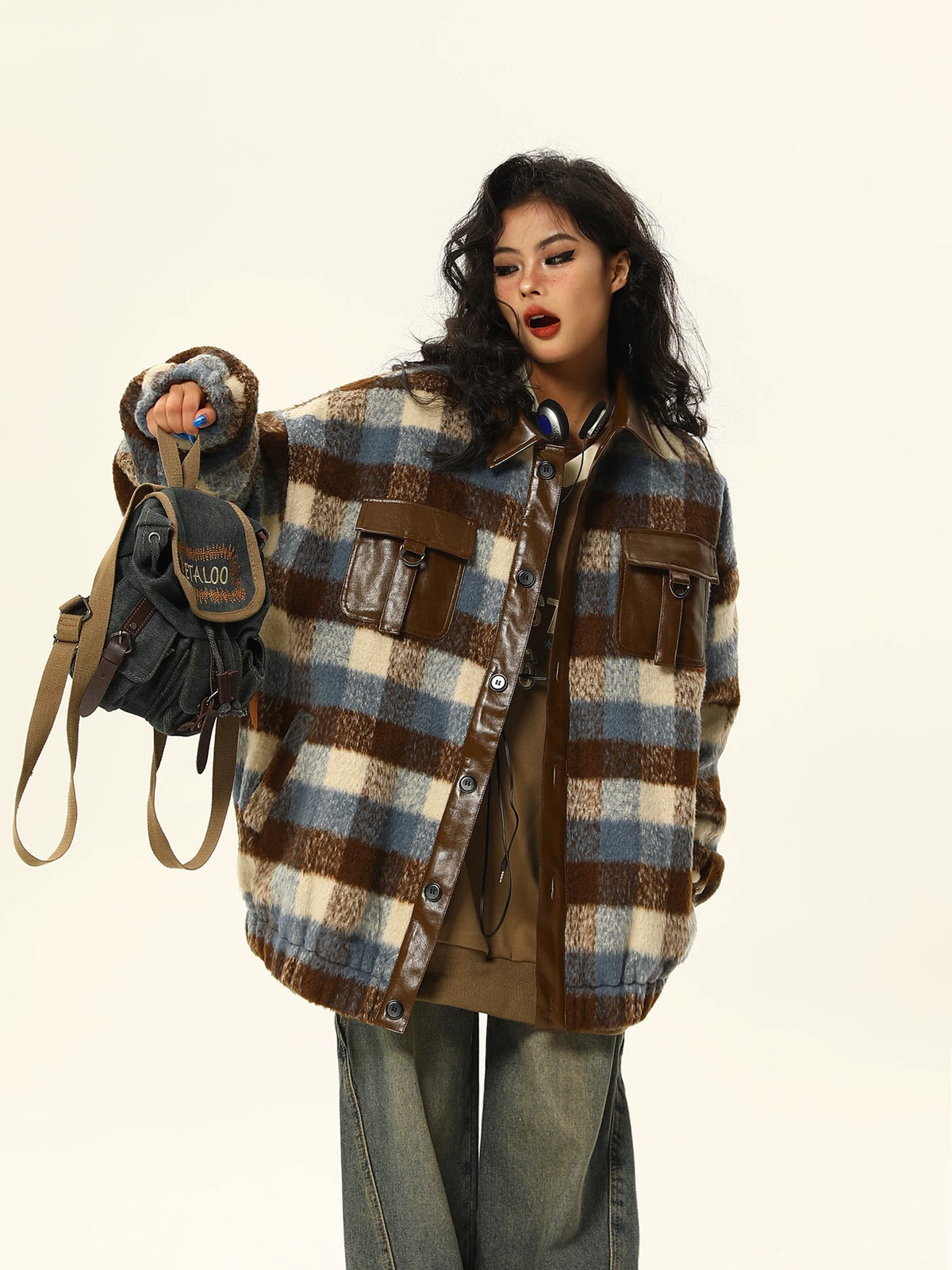 PU Leather Mix Woolen Plaid Jacket