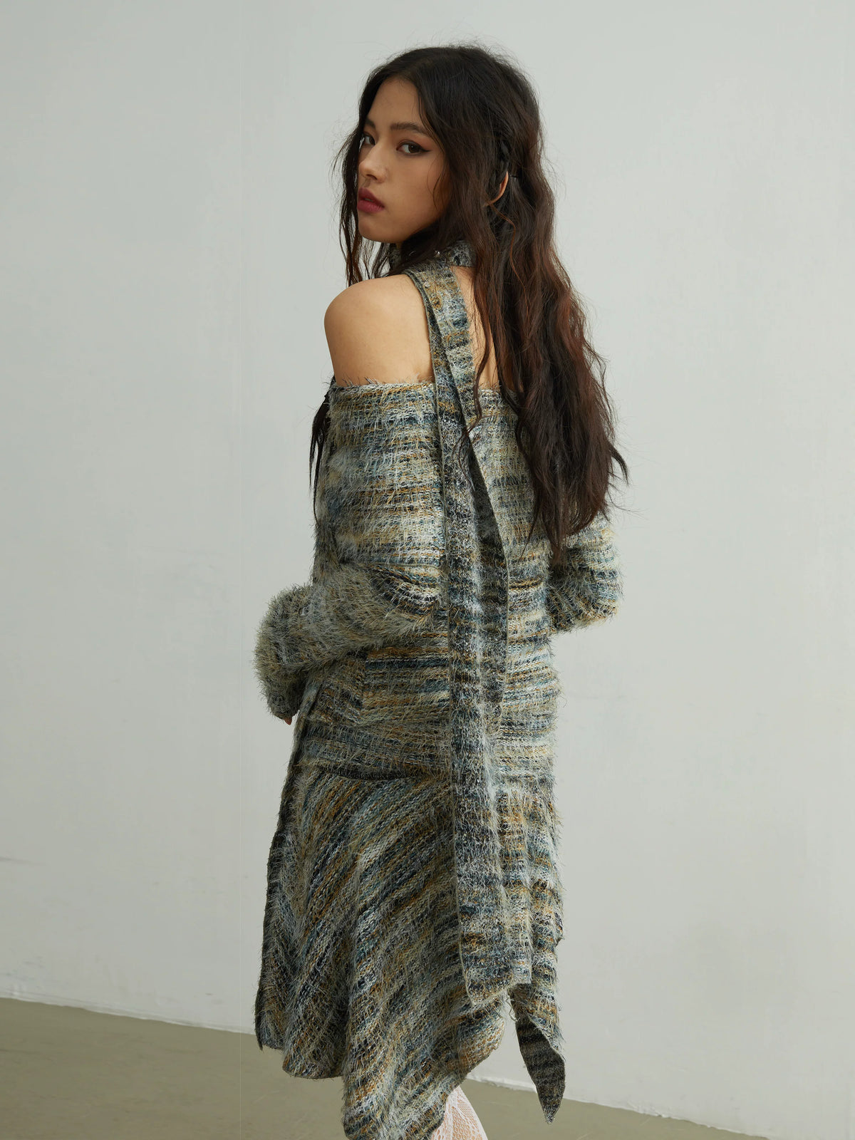 With Scarf Off Shoulder Knit Sweater & Irregular Hem Length Knit Skirt Setup