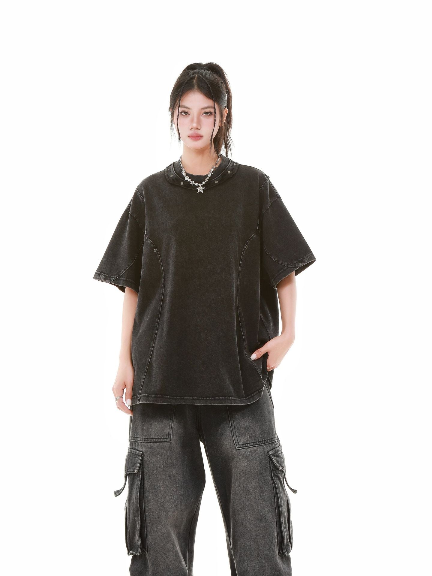 Heavy Washed Fade Stitching Short Sleeve T-Shirt
