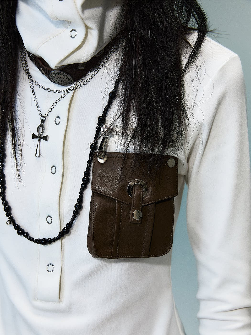 High-Neck Convertible Slim Knit Long Sleeve Shirt