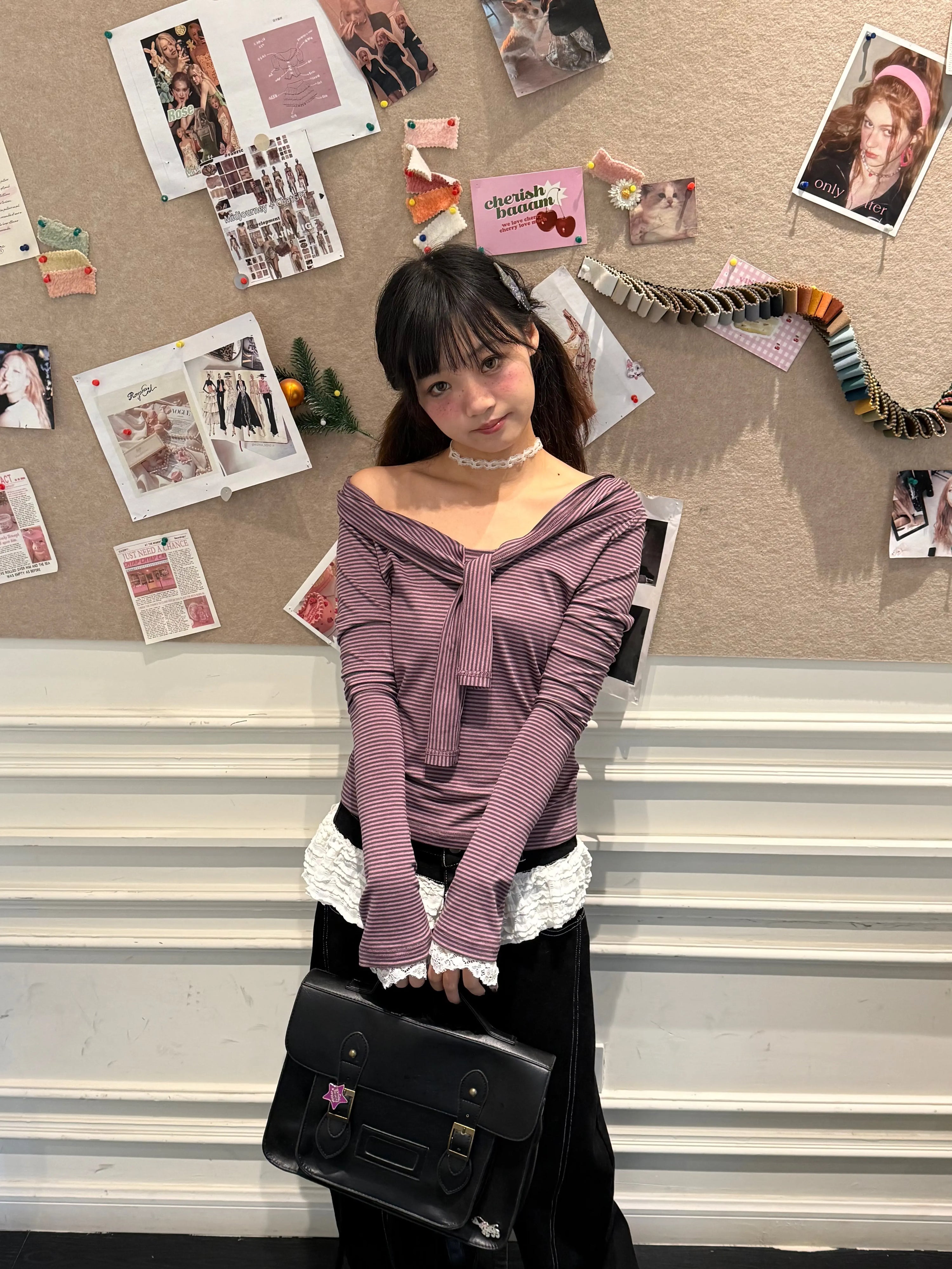Striped Lace Trim Tie Detail Long Sleeve T-Shirt