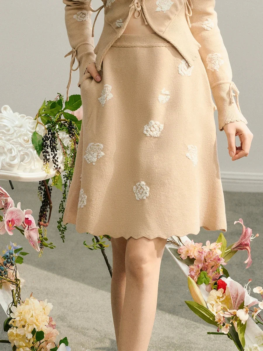 Rose Design Knit Cardigan & Knit Short Skirt Setup