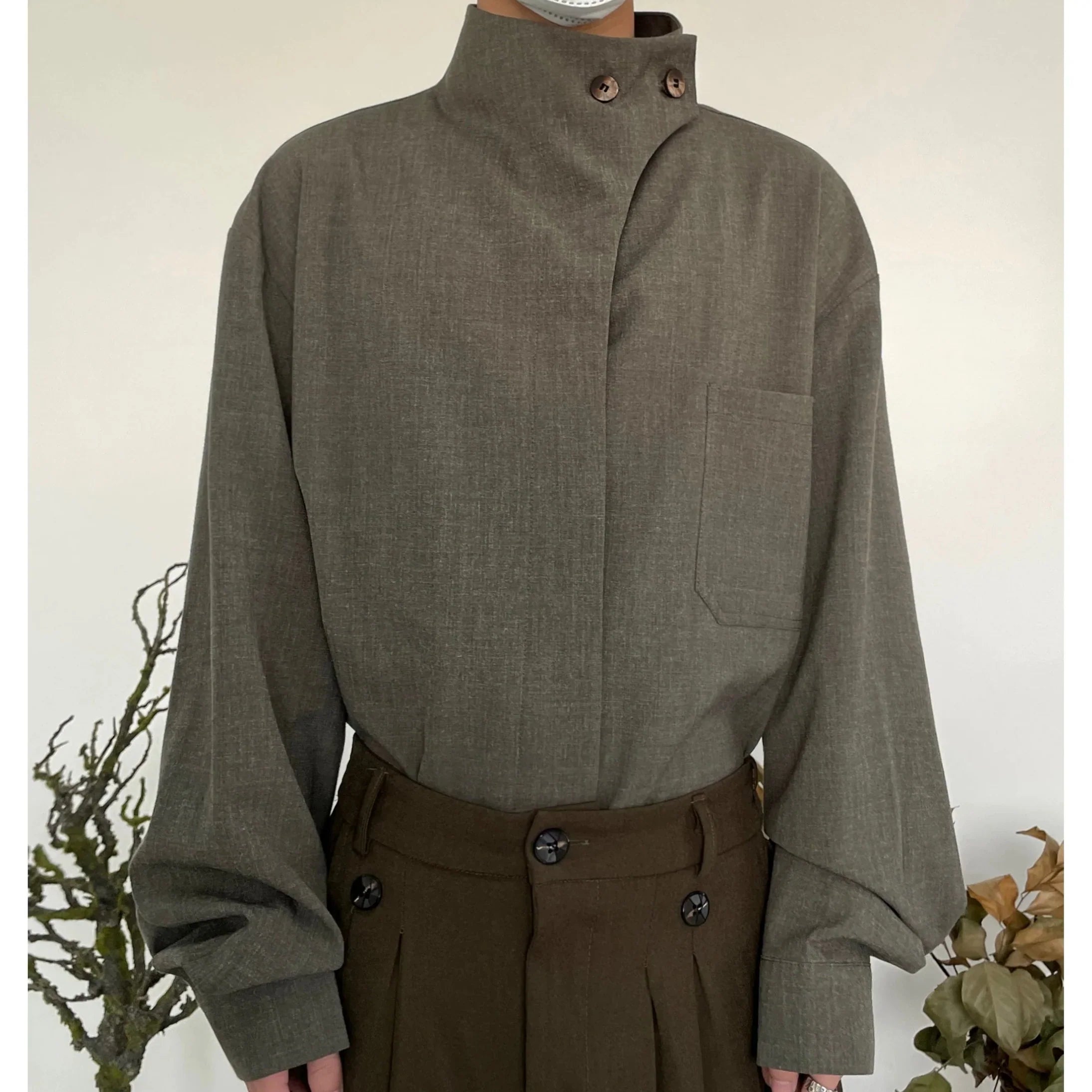 Minimalist French Standing-Collar Long Sleeve Shirt
