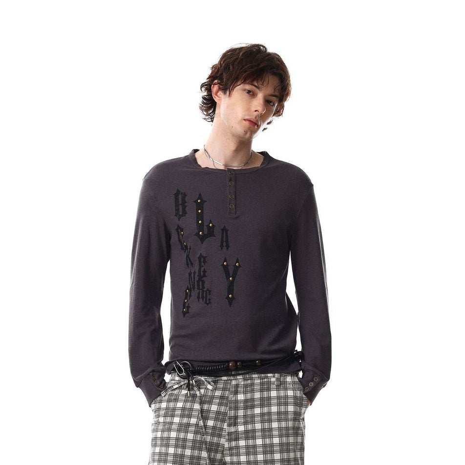 Henley Letter Studs Detail Long Sleeve T-Shirt