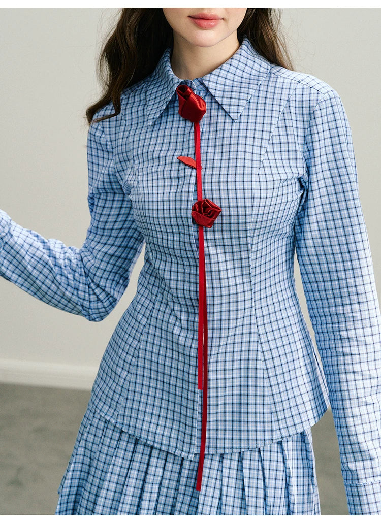 Handmade Rose Plaid Long Sleeve Shirt & Short Pleated Skirt Setup