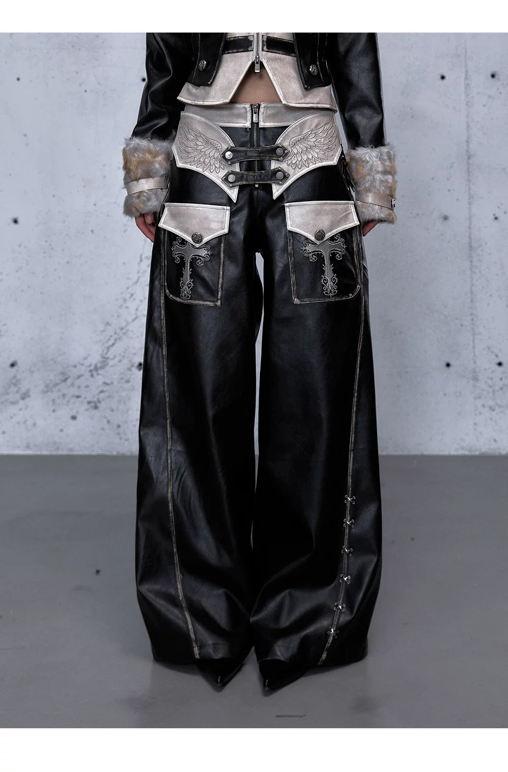 Lace Panel Buckle Detail Wide Leg PU Leather Pants