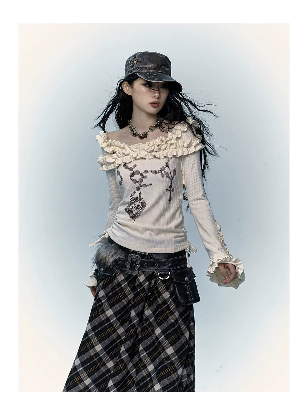 Ruffle Print Flare Sleeve Long Sleeve T-Shirt