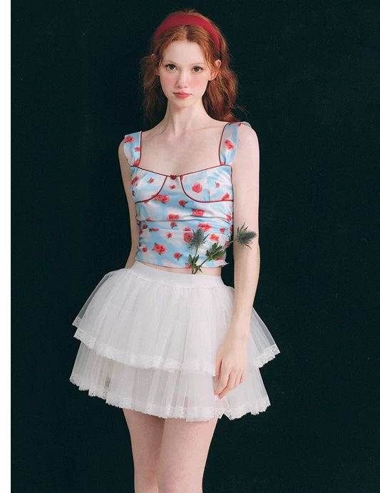 Hand Painted Rose Floral Camisole & Short Skirt Setup