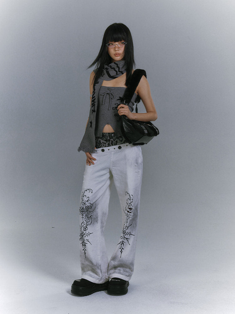 Graphic Print Off-Shoulder Top & Letter Print Scarf