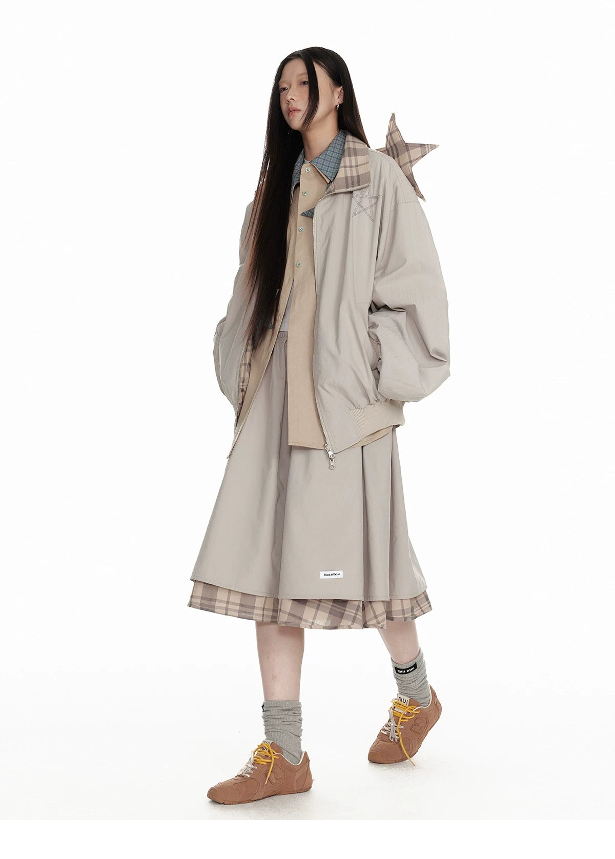 Hollow Star Stand Neck Recersible Jacket & Recersible Plaid Skirt Setup