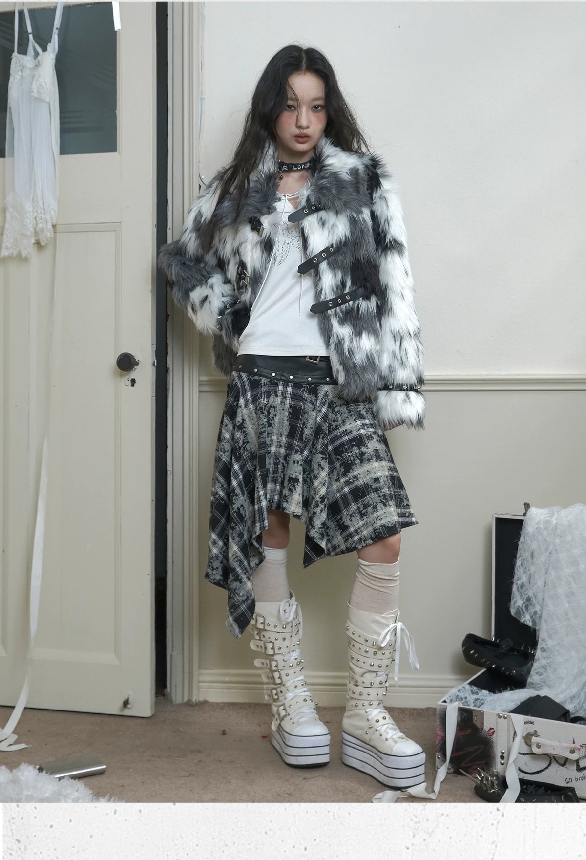 Studded Black And White Fake Fur Short Jacket