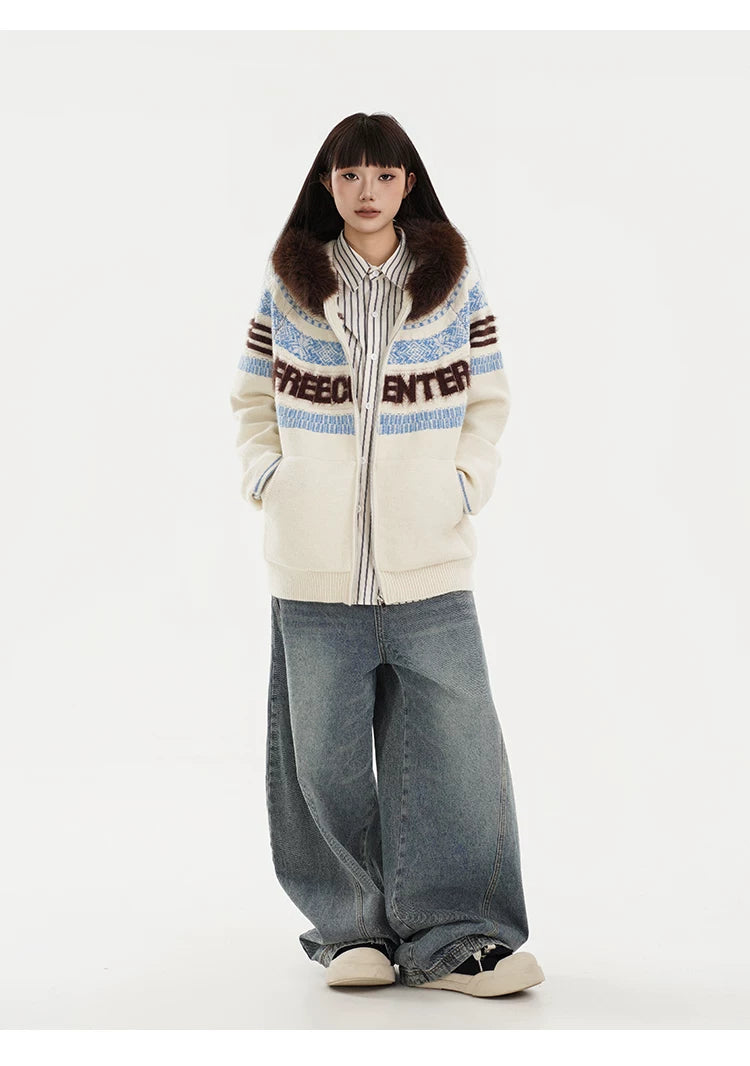 Fair Isle Hooded Detachable Fur Collar Knit Cardigan