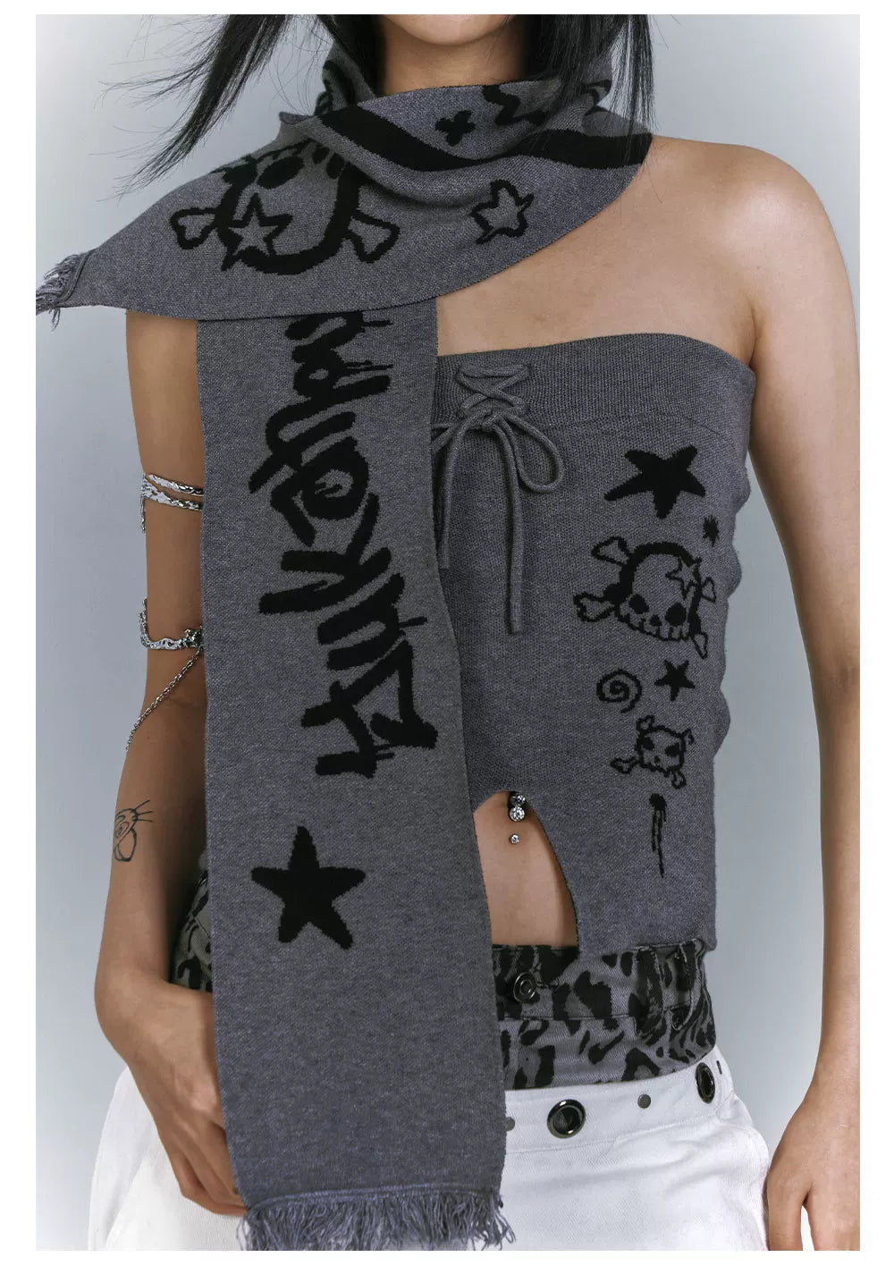 Graphic Print Off-Shoulder Top & Letter Print Scarf