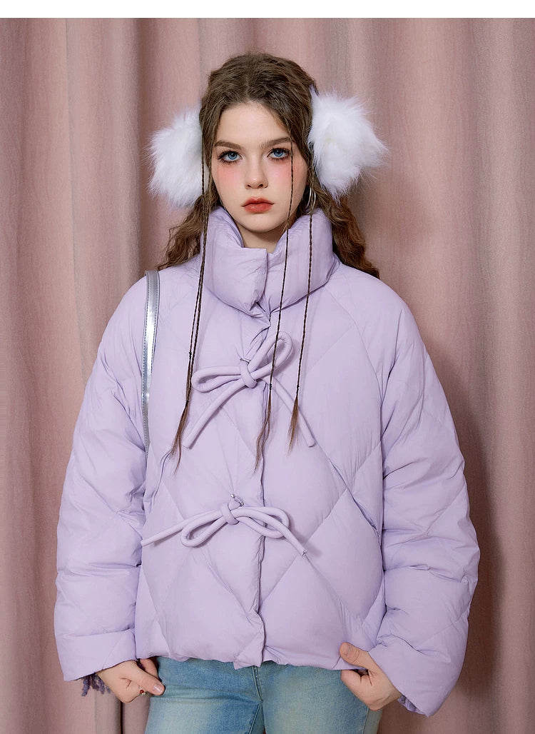 Bow Design Stand Neck White Duck Down Jacket