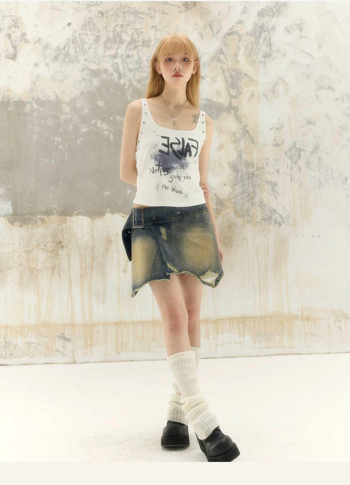 Washed Asymmetrical Adjustable Denim Short Skirt