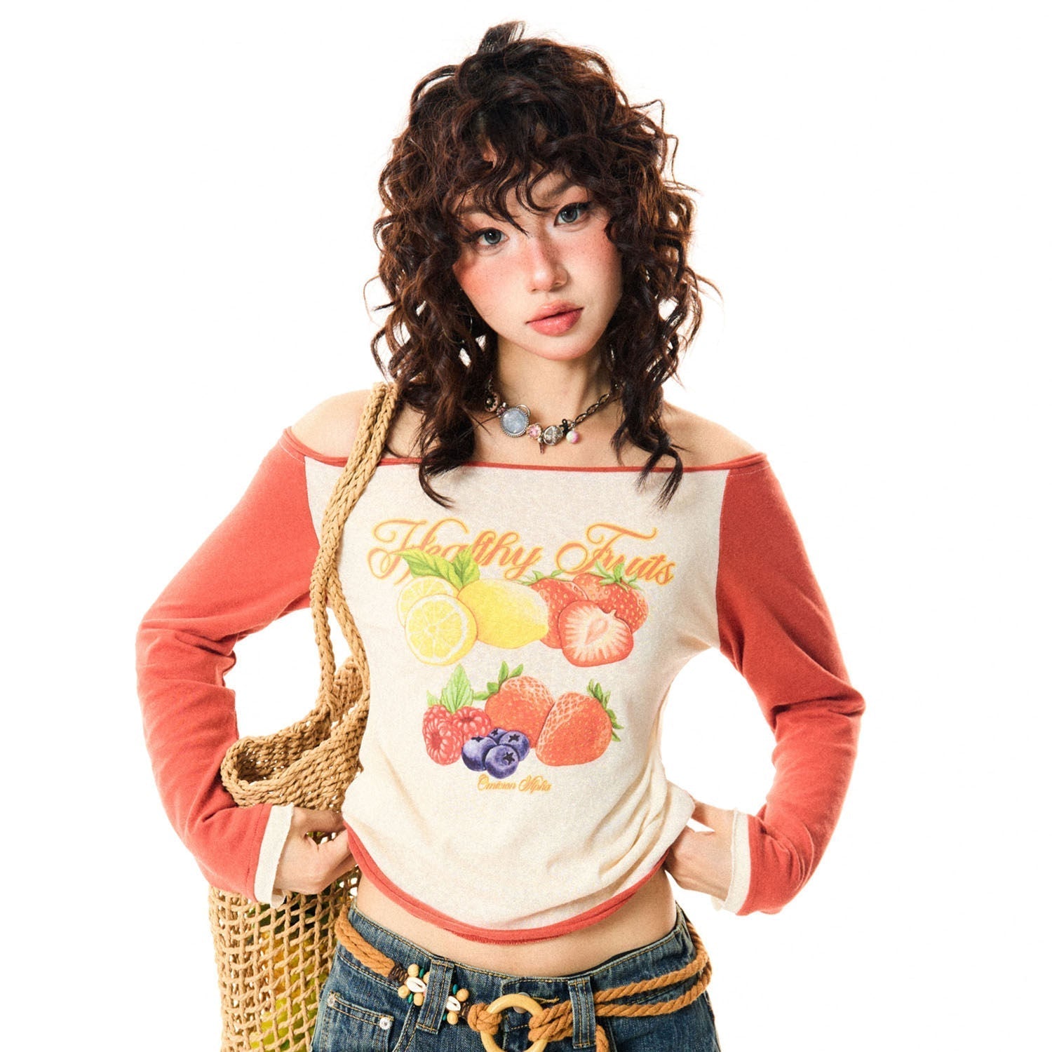 Fruit Graphic Print Off-Shoulder Fitted Long Sleeve T-Shirt