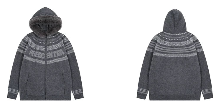 Fair Isle Hooded Detachable Fur Collar Knit Cardigan