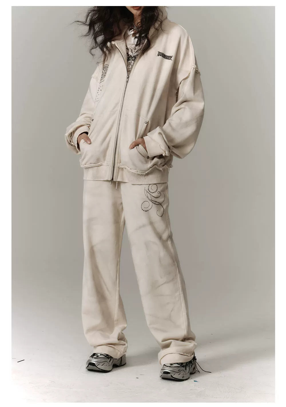 Washed Damage Oversize Zipper Hoodie & Wide Leg Pants Setup