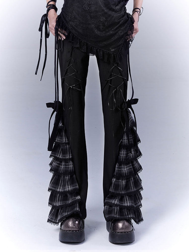 Plaid Tie Detail Tiered Pants