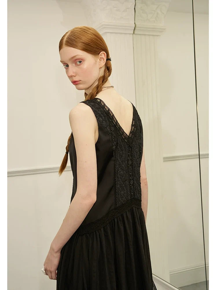 V-Neck Lace Stripe Splicing Sleeveless Long Dress