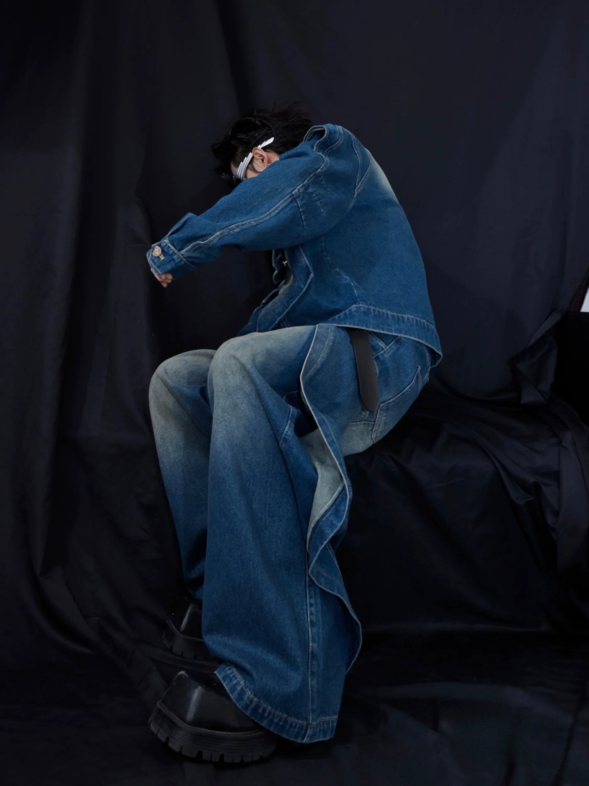 Double Layered Design Short Denim Jacket & Wide Leg Denim Jeans Setup