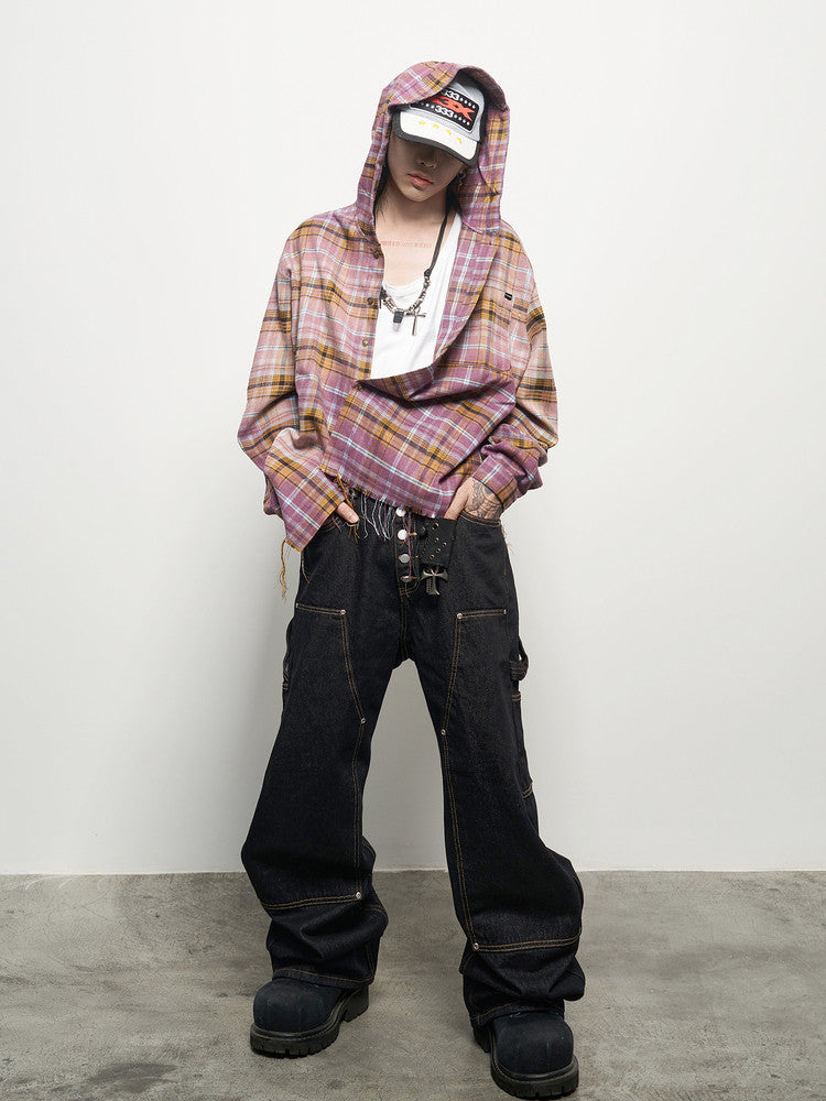 Gradient Plaid Hooded Long Sleeve Shirt