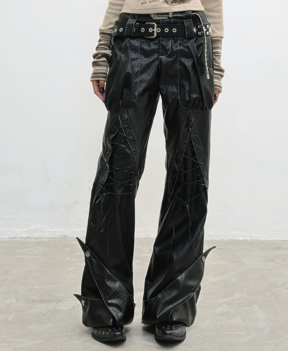 Original Design Lace-Up Double Waistband Structural PU Leather Pants