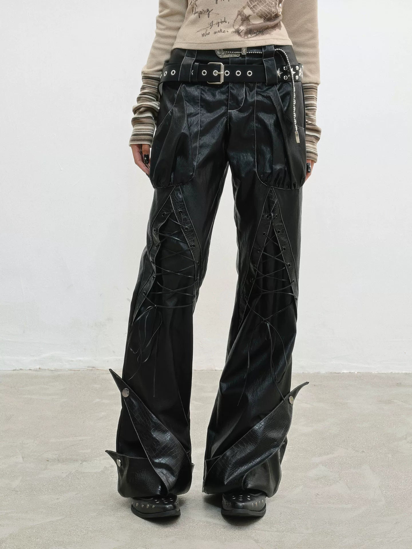 Original Design Lace-Up Double Waistband Structural PU Leather Pants